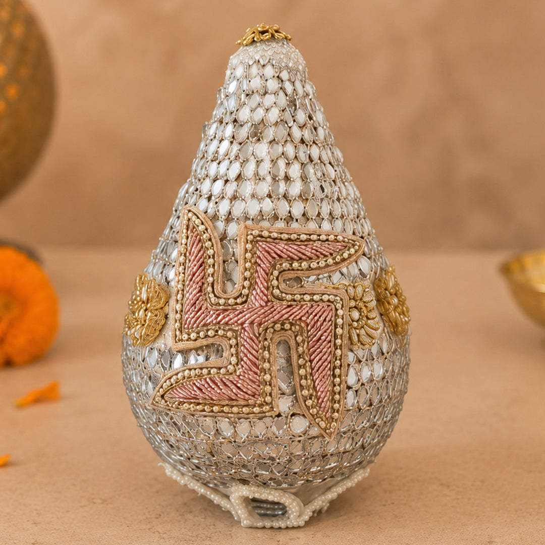 Brocade Swastik Decorated Nariyal Shrifal/Coconut With Kundan Detailing For Festive Gifting