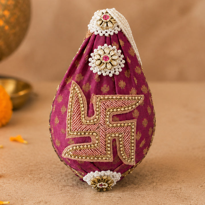 Brocade Swastik Decorated Nariyal Shrifal/Coconut With Kundan Detailing For Festive Gifting