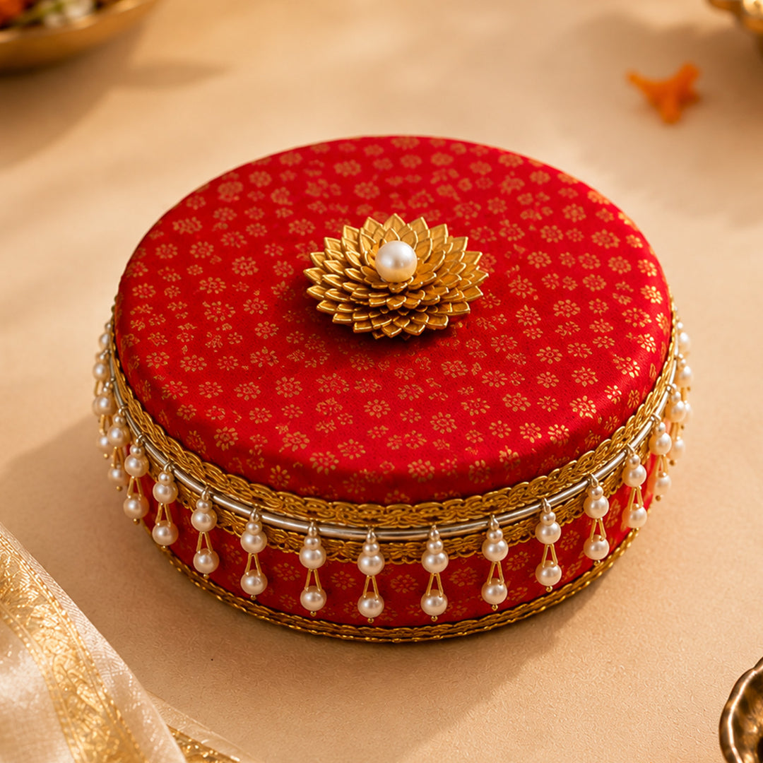 "Laddoo Box" Traditional Brocade Wrapped Steel Gift Box For Festive Gifting
