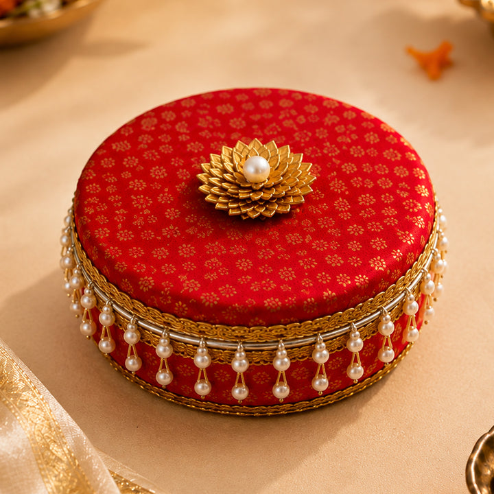 "Laddoo Box" Traditional Brocade Wrapped Steel Gift Box For Festive Gifting
