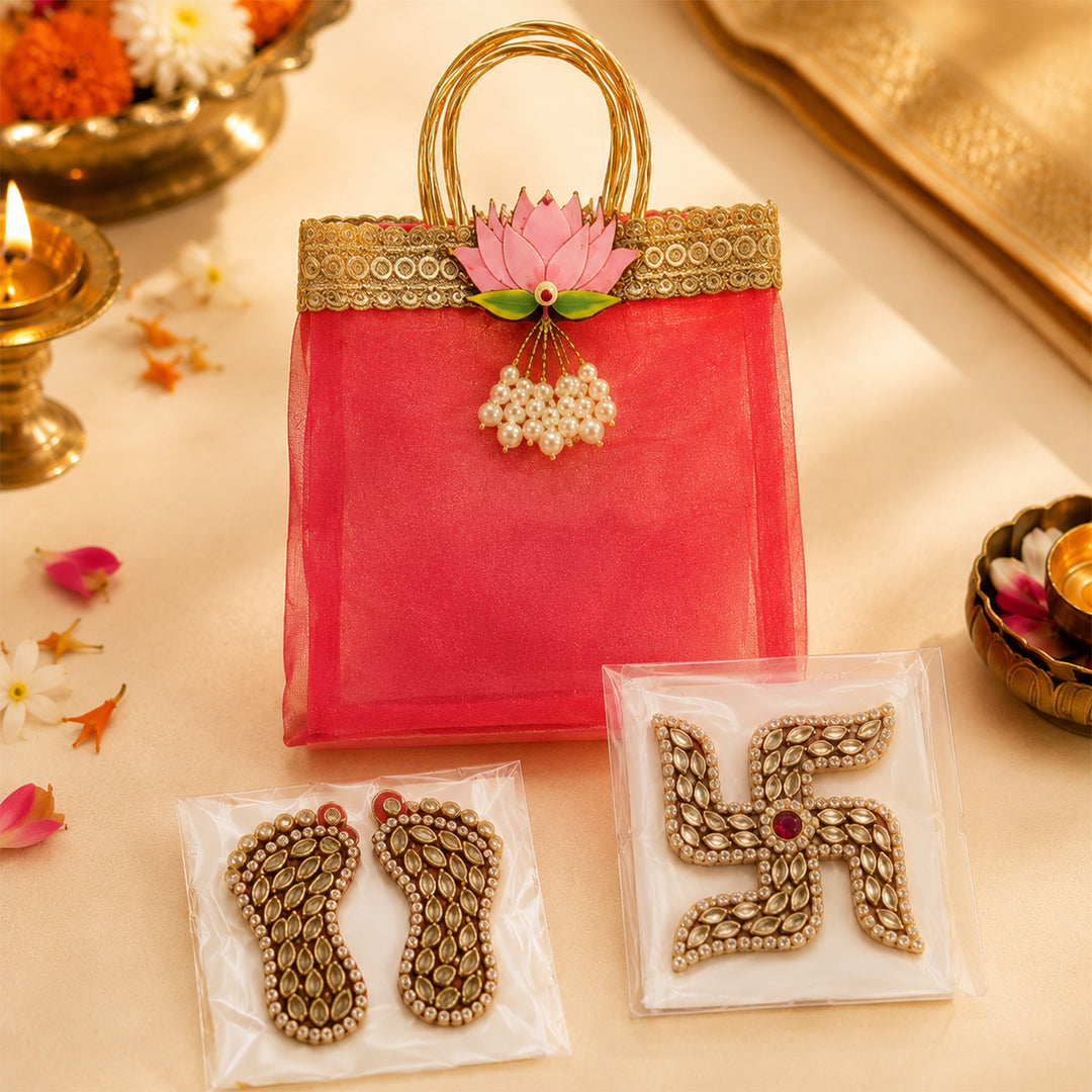 Swastik Laxmi Charan Combo Kundan Detailed Traditional Ganpati Gift Hamper With Organza Bag For Pooja Gifting