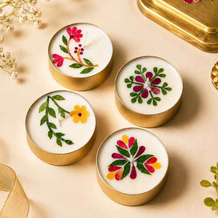 Set of 4 | Handmade Soy Wax & Pressed Flower Diyas/Candles With Elegant Brass Box For Festive Celebrations