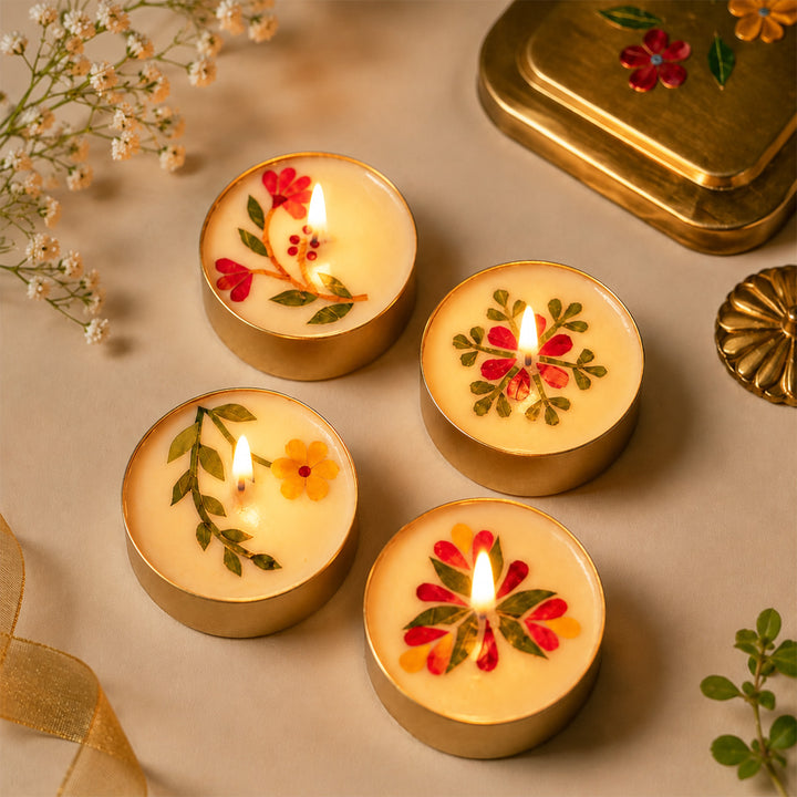 Set of 4 | Handmade Soy Wax & Pressed Flower Diyas/Candles With Elegant Brass Box For Festive Celebrations
