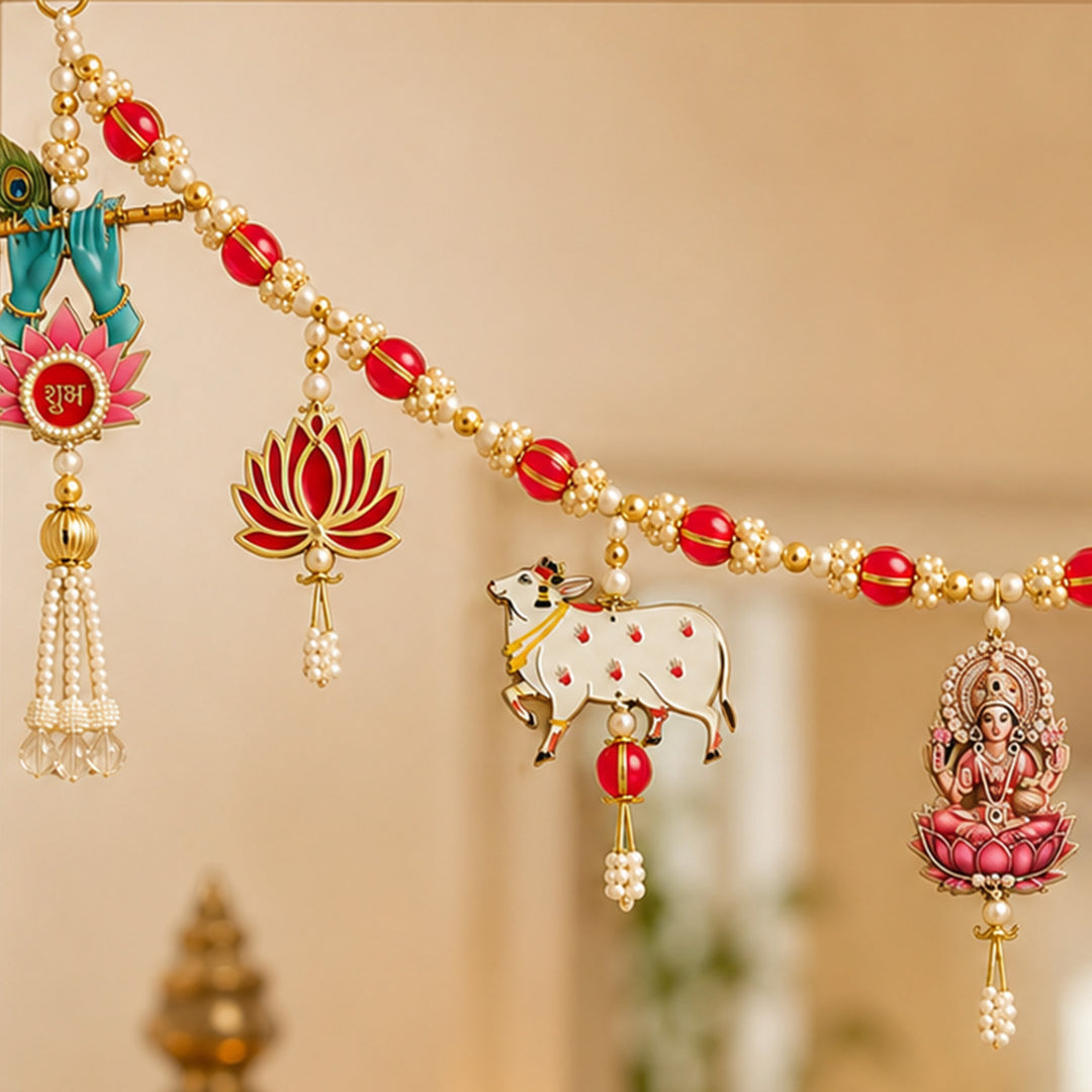 Handmade Pichwai Cow, Ganesha & Lakshmi Toran With Shubh Labh Side Hangings For Diwali Decor