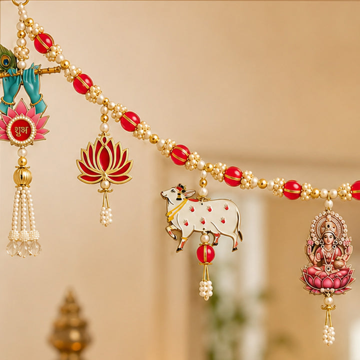 Handmade Pichwai Cow, Ganesha & Lakshmi Toran With Shubh Labh Side Hangings For Diwali Decor