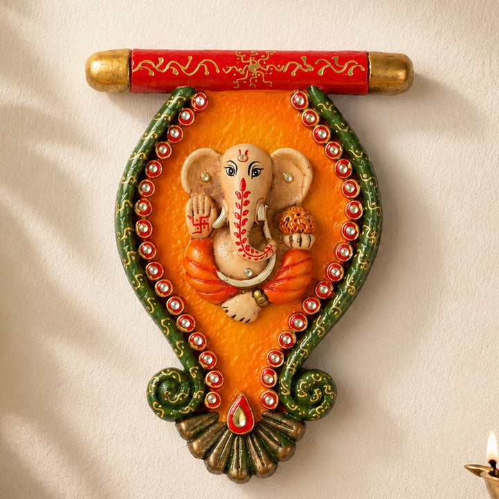 Pankhi Ganesh Handcrafted Paper Mache Wall Decor With Hook Mount For Pooja Room Decoration