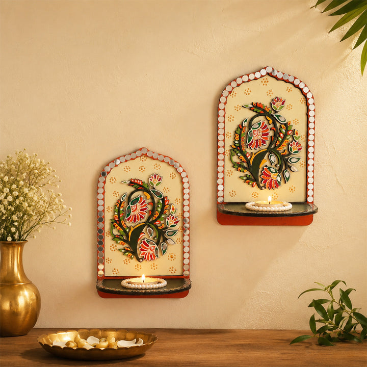 Set of 2 | Floral Motif MDF Jharokha Wall Hanging Tealight Holders For Festive Decor
