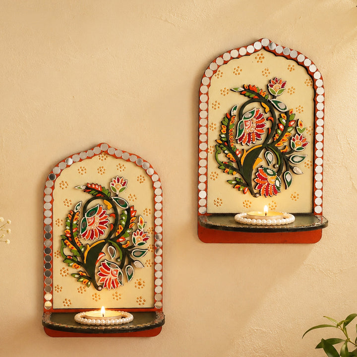 Set of 2 | Floral Motif MDF Jharokha Wall Hanging Tealight Holders For Festive Decor