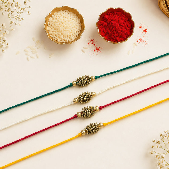 Beaded Zarna Brass Beads Festive Rakhi With Roli Chawal For Brother | Set of 4