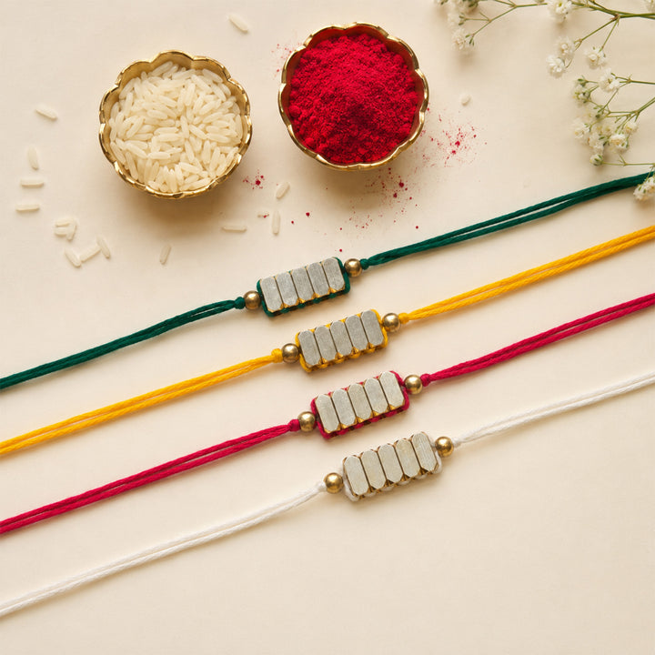 Beaded Rectangle Brass Beads Festive Rakhi With Roli Chawal For Brother | Set of 4