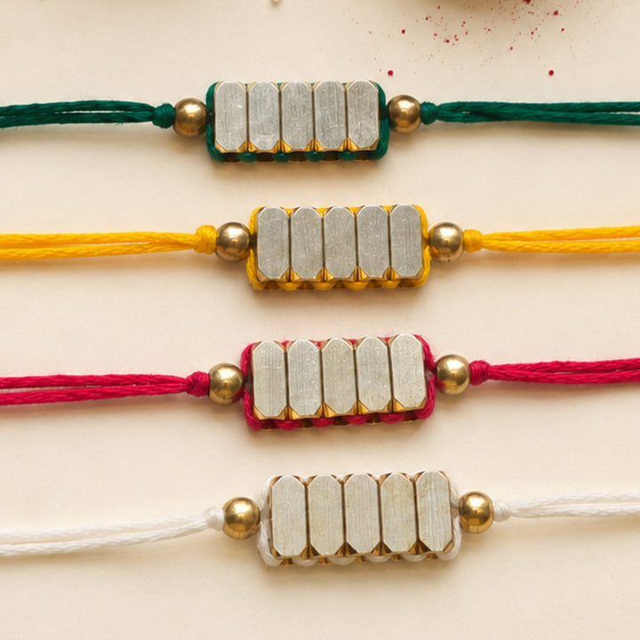 Beaded Rectangle Brass Beads Festive Rakhi With Roli Chawal For Brother | Set of 4