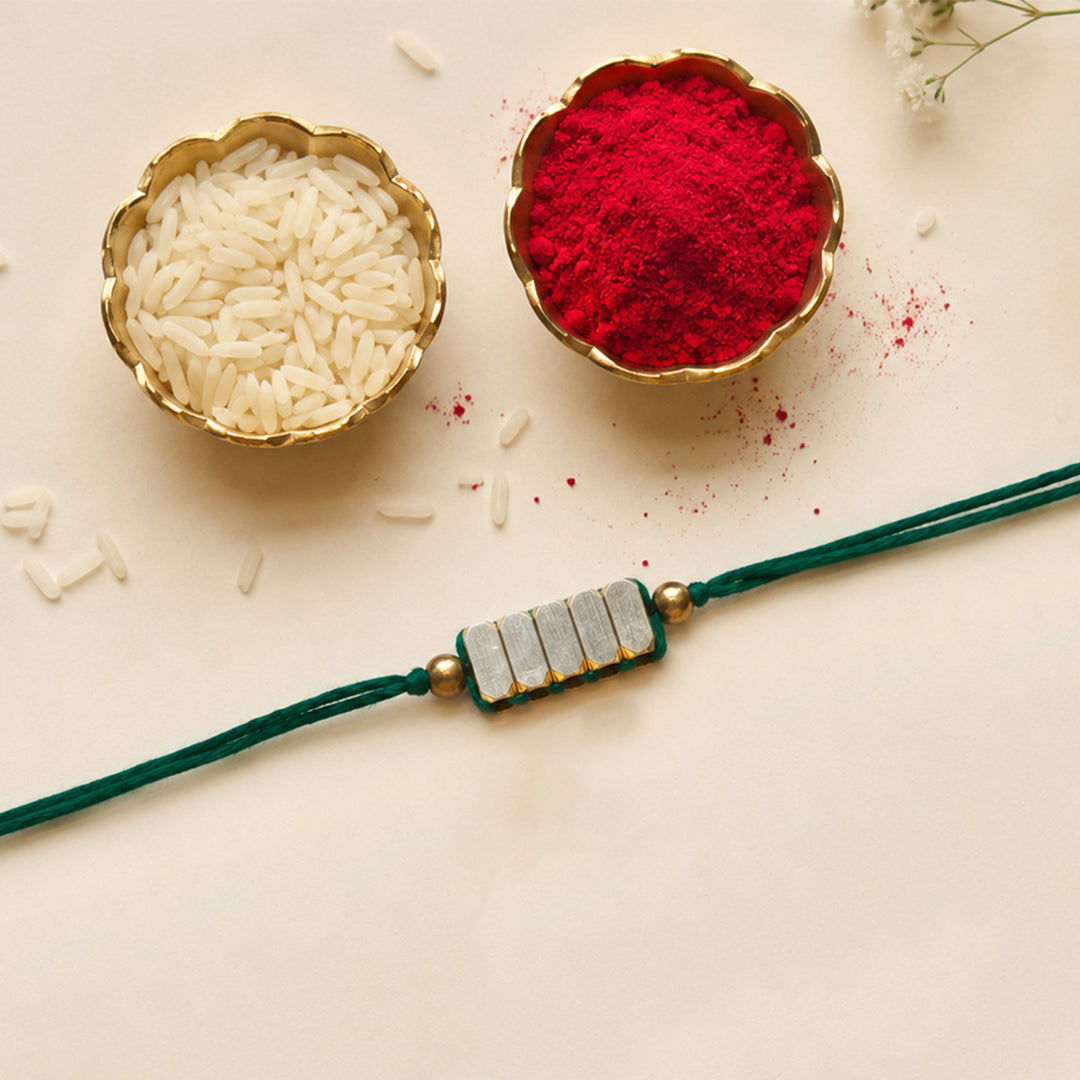 Beaded Rectangle Brass Beads Festive Rakhi With Roli Chawal For Brother
