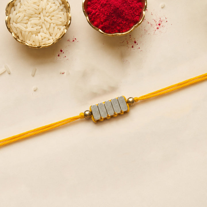 Beaded Rectangle Brass Beads Festive Rakhi With Roli Chawal For Brother