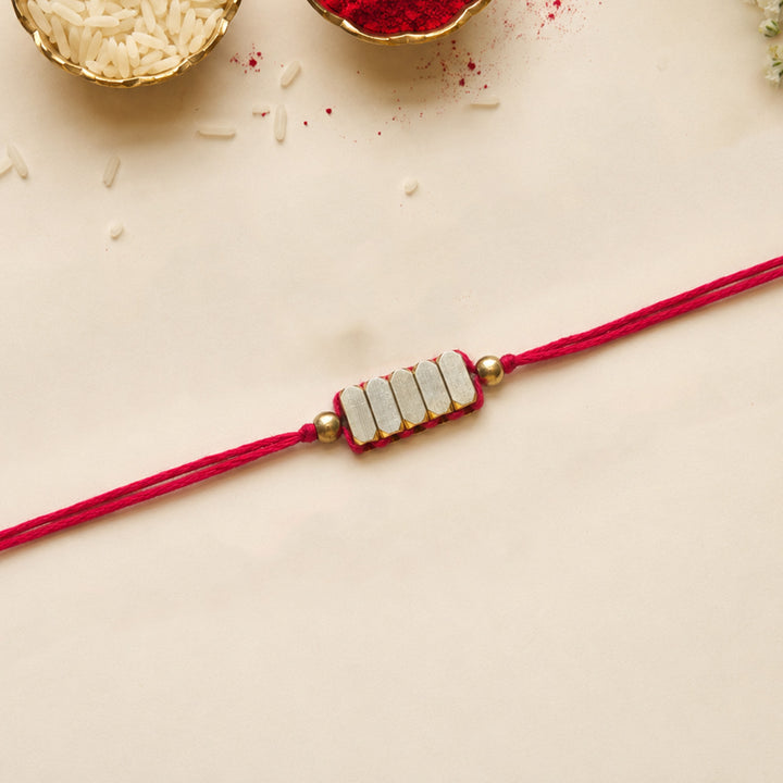 Beaded Rectangle Brass Beads Festive Rakhi With Roli Chawal For Brother