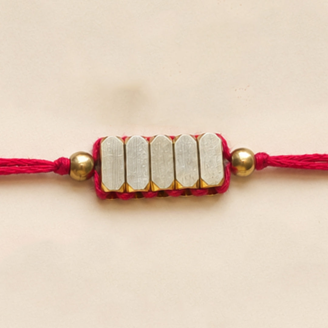 Beaded Rectangle Brass Beads Festive Rakhi With Roli Chawal For Brother