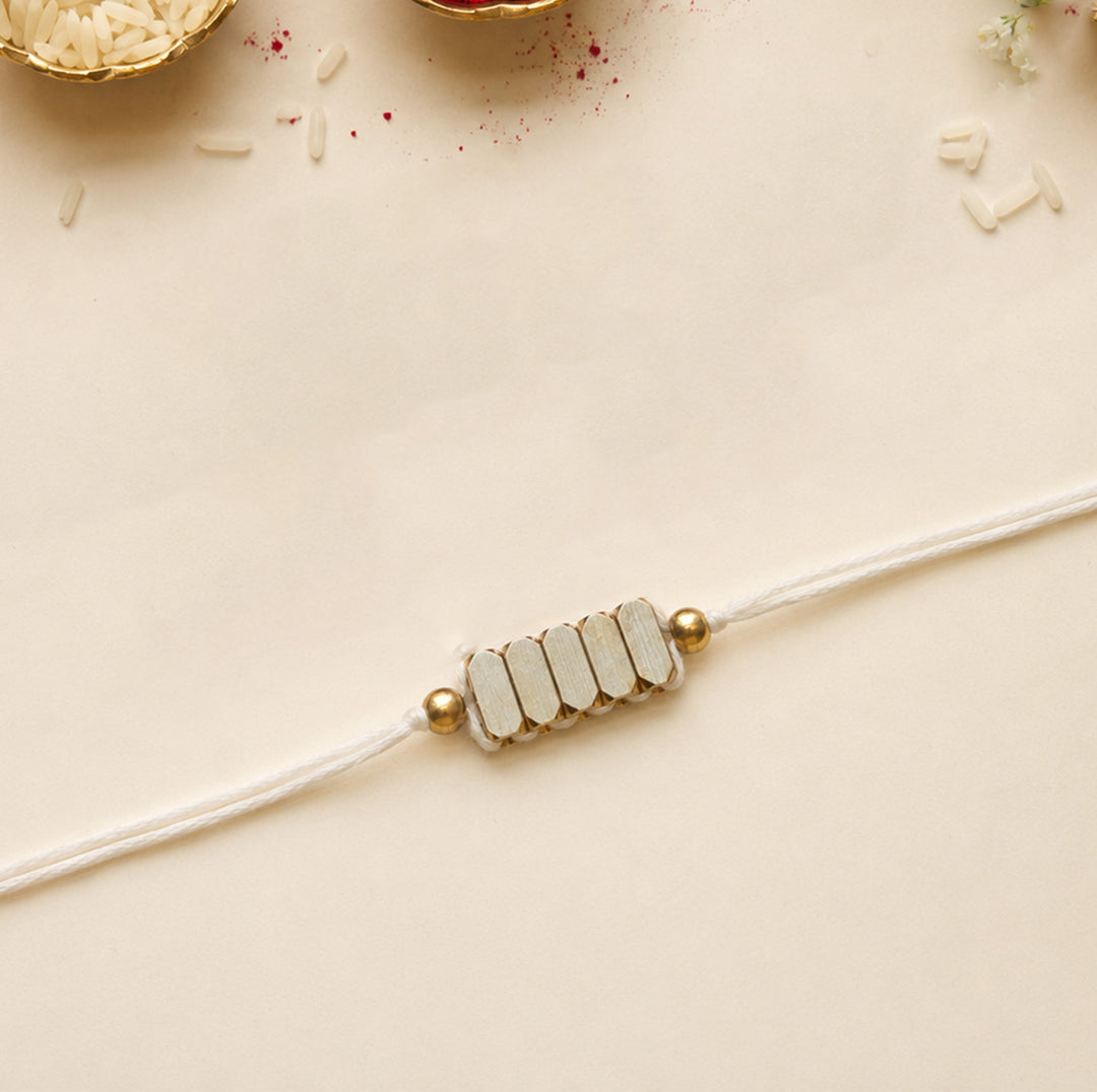 Beaded Rectangle Brass Beads Festive Rakhi With Roli Chawal For Brother