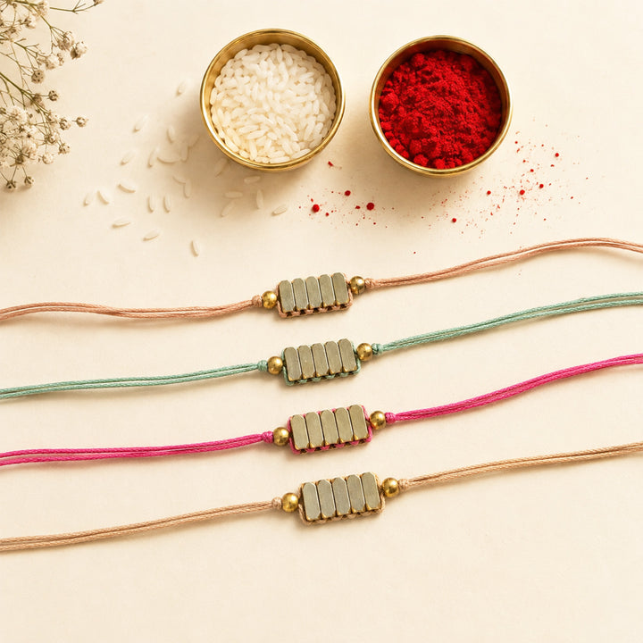 Beaded Rectangle Brass Beads Rakhi - Pastel Shades For Brother | Set of 4