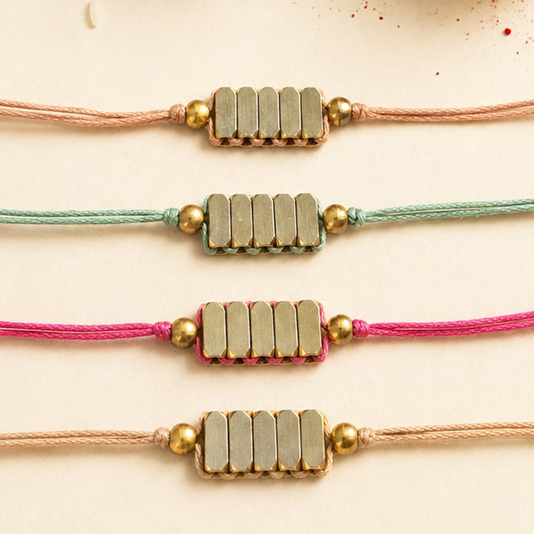 Beaded Rectangle Brass Beads Rakhi - Pastel Shades For Brother | Set of 4