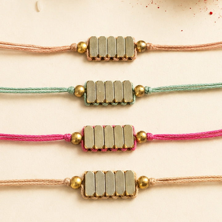 Beaded Rectangle Brass Beads Rakhi - Pastel Shades For Brother | Set of 4