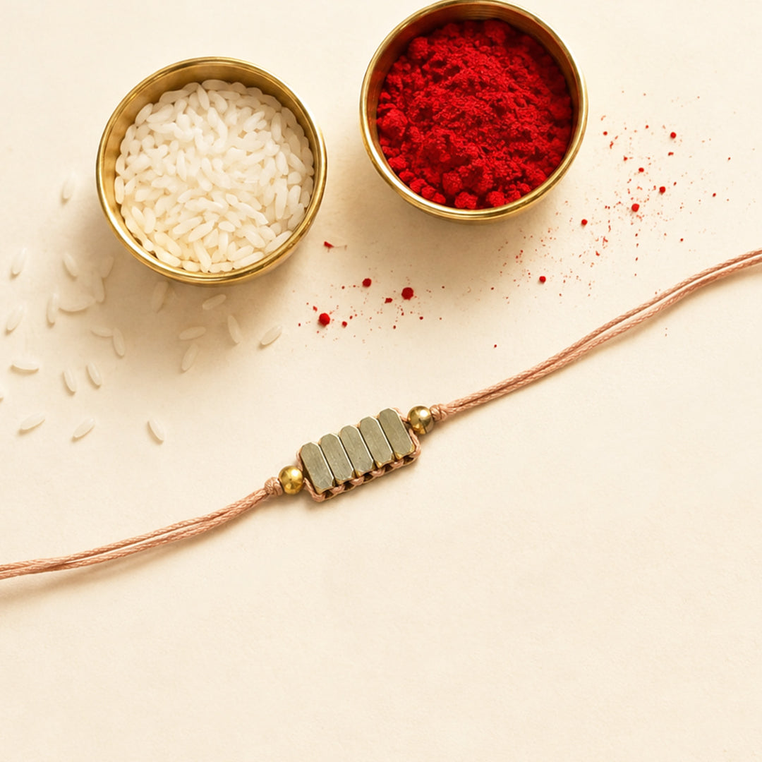 Beaded Rectangle Brass Beads Rakhi - Pastel Shades With Roli Chawal For Brother