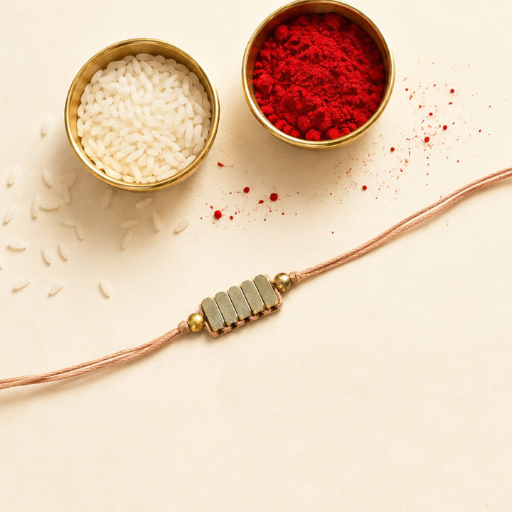 Beaded Rectangle Brass Beads Rakhi - Pastel Shades With Roli Chawal For Brother