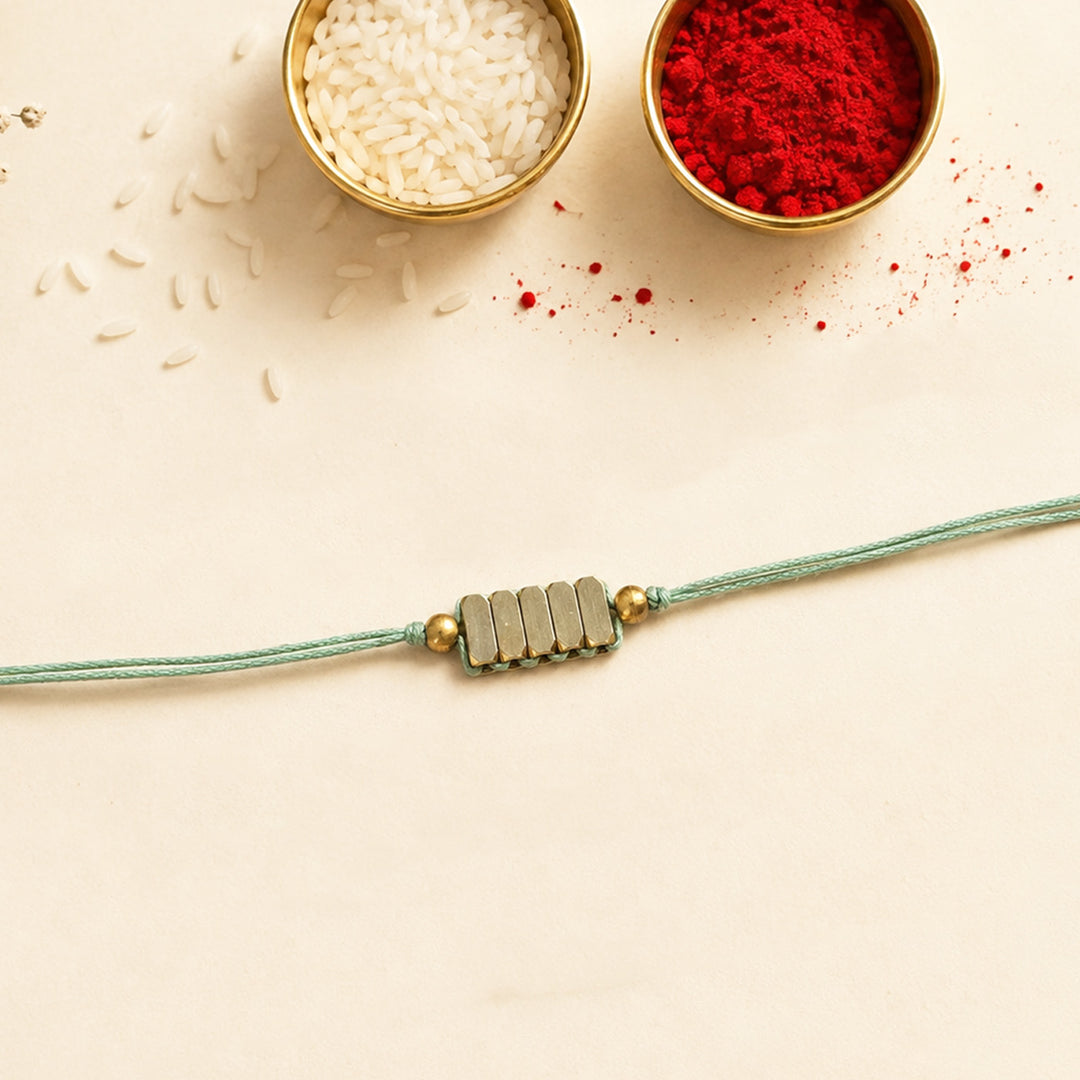 Beaded Rectangle Brass Beads Rakhi - Pastel Shades With Roli Chawal For Brother