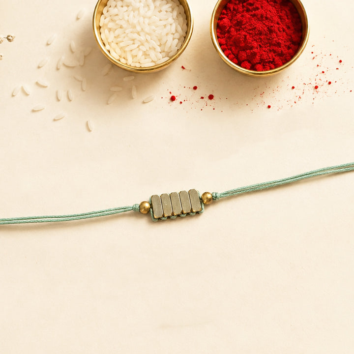 Beaded Rectangle Brass Beads Rakhi - Pastel Shades With Roli Chawal For Brother