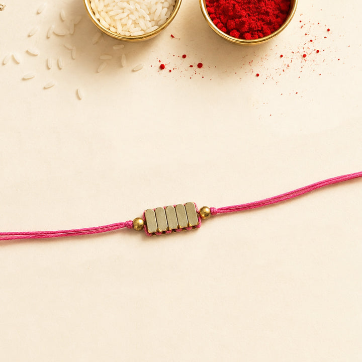 Beaded Rectangle Brass Beads Rakhi - Pastel Shades With Roli Chawal For Brother