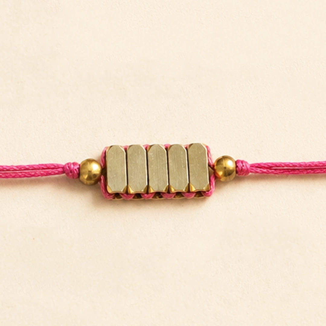 Beaded Rectangle Brass Beads Rakhi - Pastel Shades With Roli Chawal For Brother