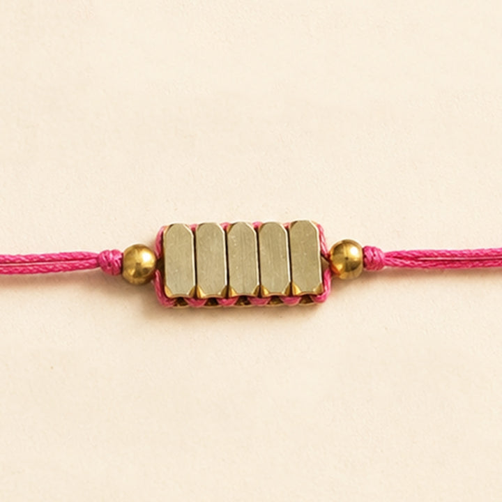 Beaded Rectangle Brass Beads Rakhi - Pastel Shades With Roli Chawal For Brother