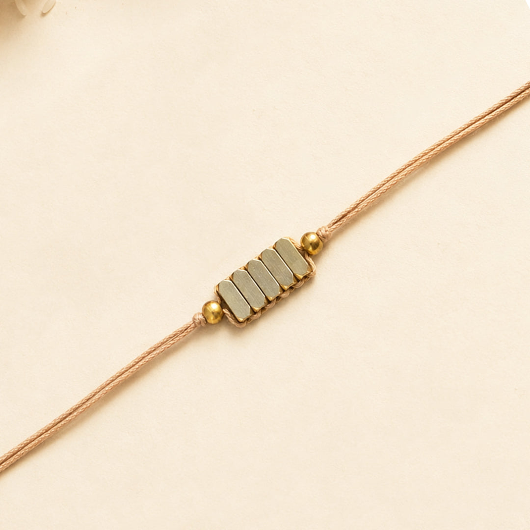 Beaded Rectangle Brass Beads Rakhi - Pastel Shades With Roli Chawal For Brother