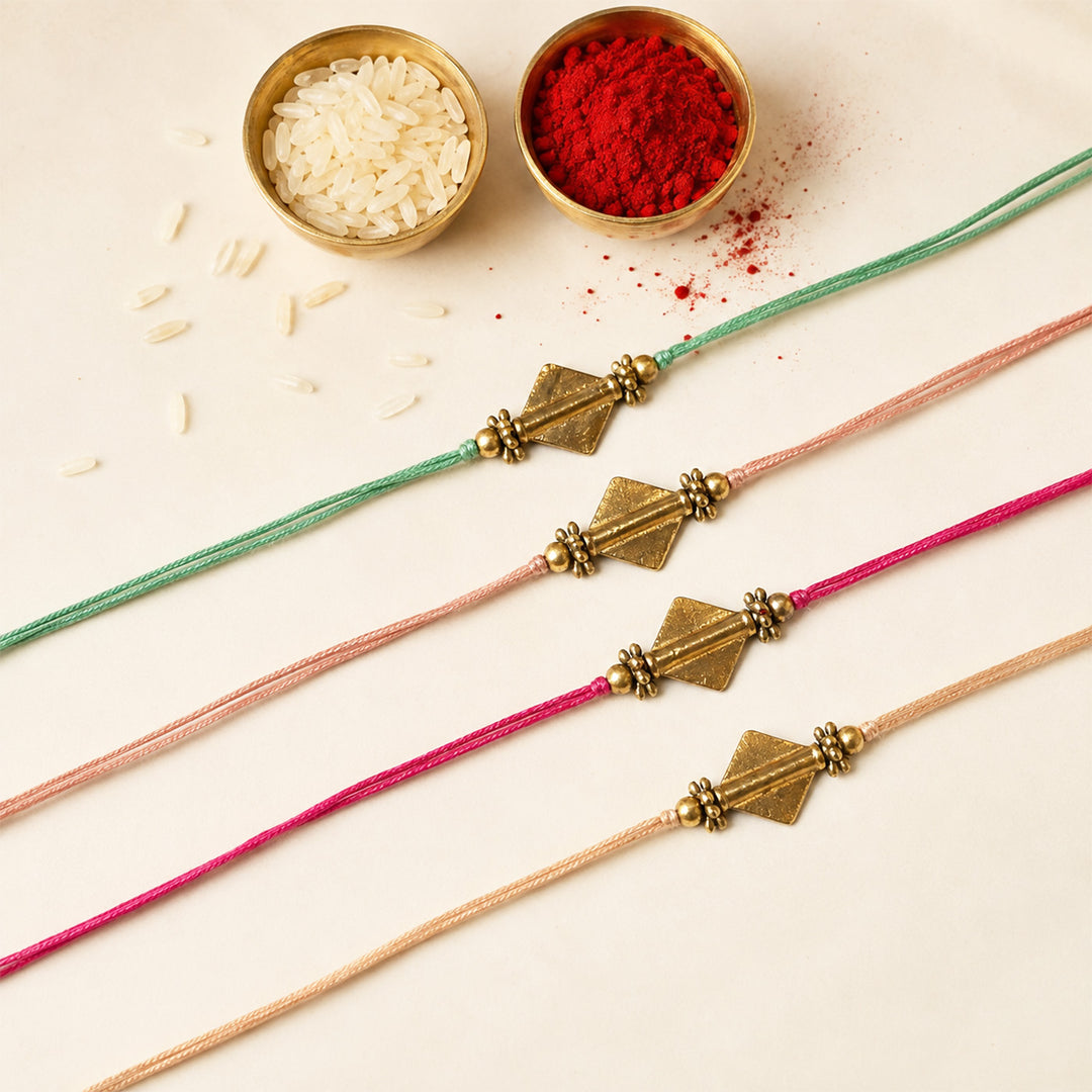 Beaded Diamond Brass Bead Rakhi - Pastel Shades For Brother | Set of 4