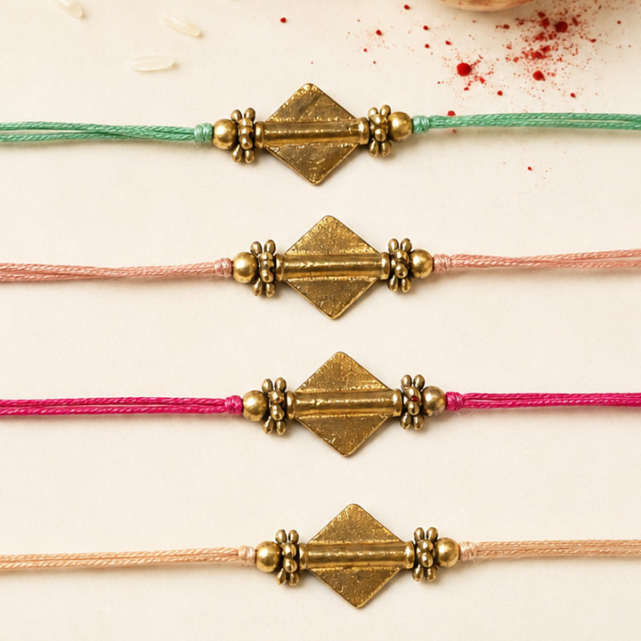 Beaded Diamond Brass Bead Rakhi - Pastel Shades For Brother | Set of 4