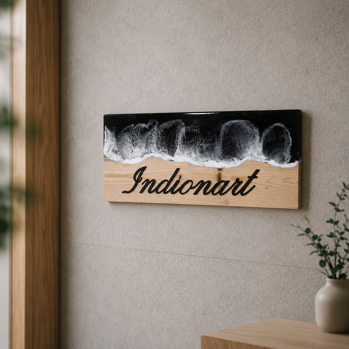 Black Ocean Wave High-Gloss Handcrafted Resin Pinewood Personalized Name Plate For Home