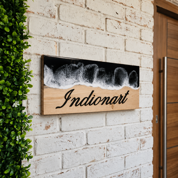 Black Ocean Wave High-Gloss Handcrafted Resin Pinewood Personalized Name Plate For Home
