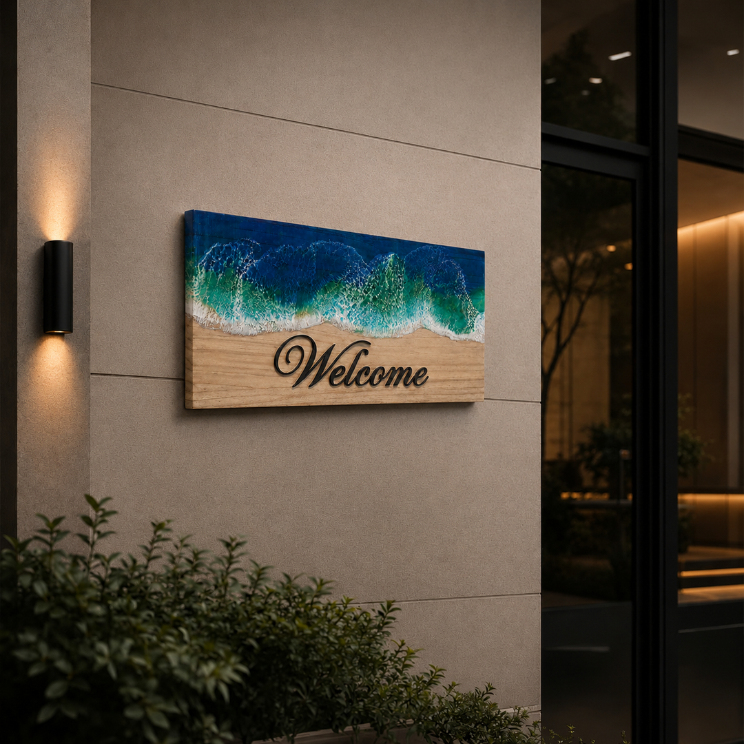 Blue Ocean Wave High-Gloss Handcrafted Resin Pinewood Personalized Name Plate For Home