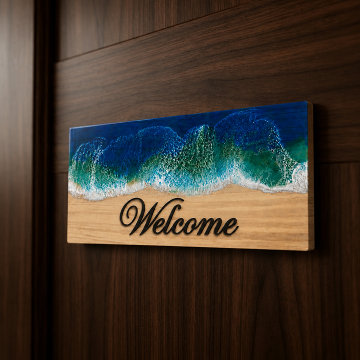 Blue Ocean Wave High-Gloss Handcrafted Resin Pinewood Personalized Name Plate For Home