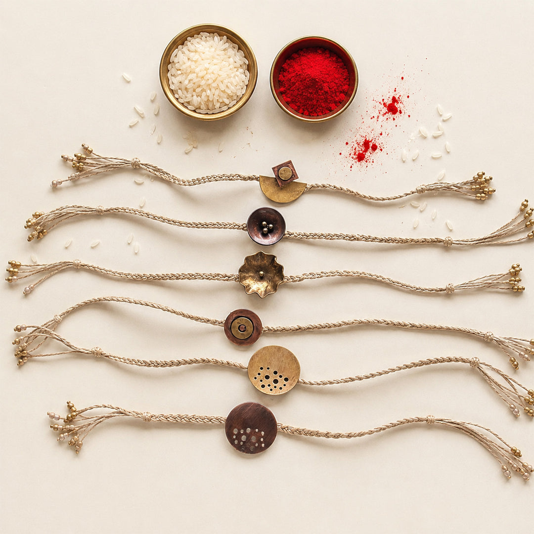 Handcrafted Lotus & Diya Brooch Pin Rakhi With Roli Chawal For Brother | Set of 6