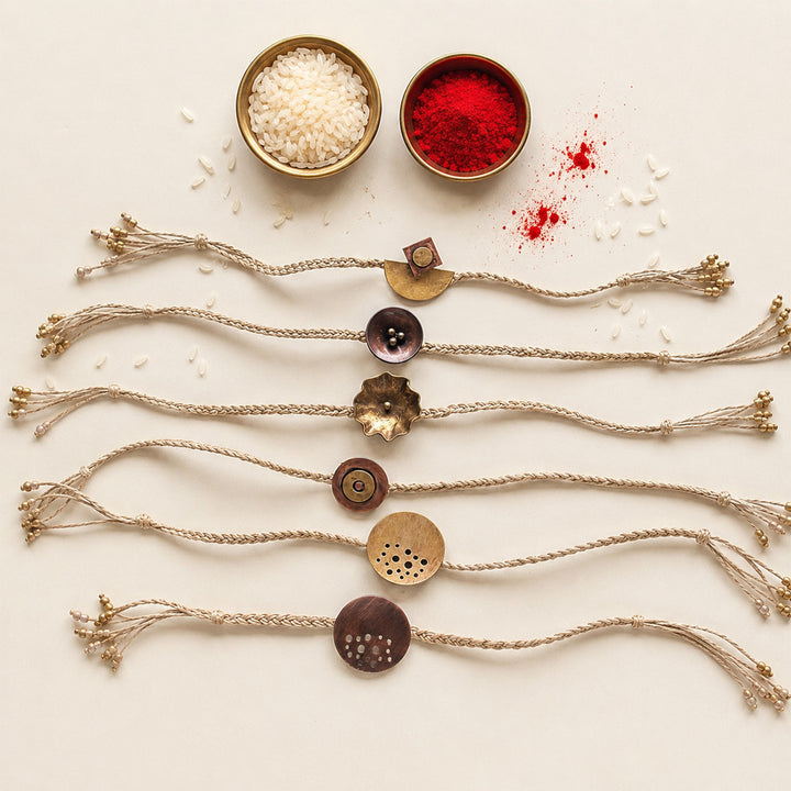 Handcrafted Lotus & Diya Brooch Pin Rakhi With Roli Chawal For Brother | Set of 6