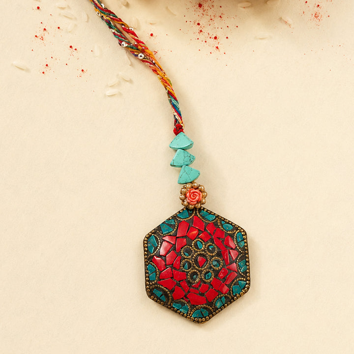 Red-Turquoise Mosaic Lumba Rakhi With Roli Chawal For Sister/Bhabhi