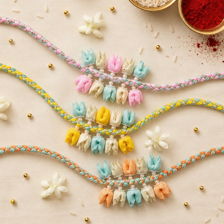 Handmade Pastel Coloured Dual-Tier Tulip Bud & Pearl Silk Rakhi For Brother With Roli Chawal