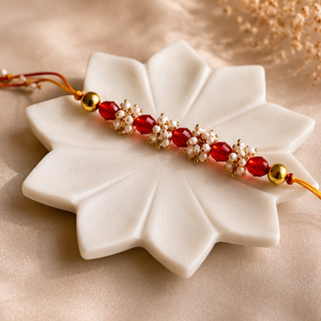 Hand-Knotted Red Beaded Rakhi With Roli Chawal For Brother