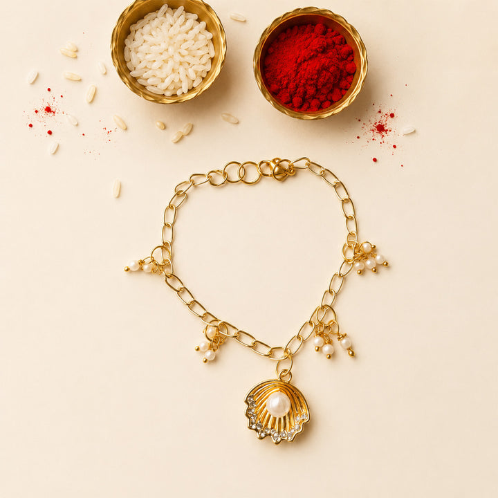 Handmade Sea Shell Charm Bracelet Rakhi With Roli Chawal For Brother