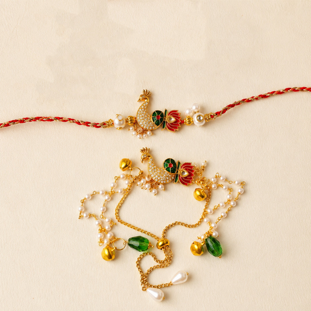 Handmade Peacock Motif Kundan Pearl Rakhi & Lumba With Roli Chawal For Bhaiya Bhabhi | Set Of 2