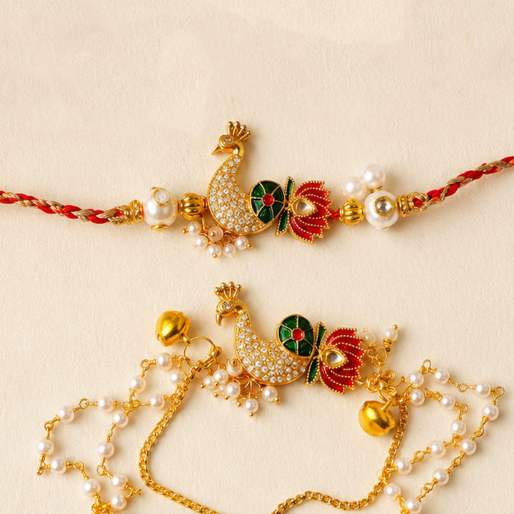 Handmade Peacock Motif Kundan Pearl Rakhi & Lumba With Roli Chawal For Bhaiya Bhabhi | Set Of 2