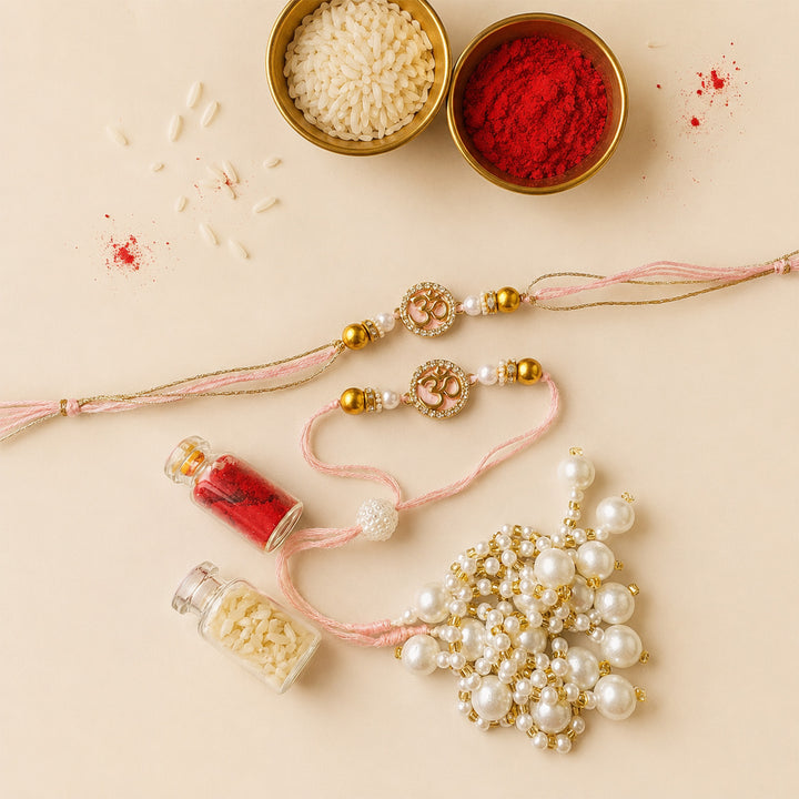 Handmade Pink Om Charm Rakhi With Lumba With Roli Chawal For Bhaiya Bhabhi | Set Of 2