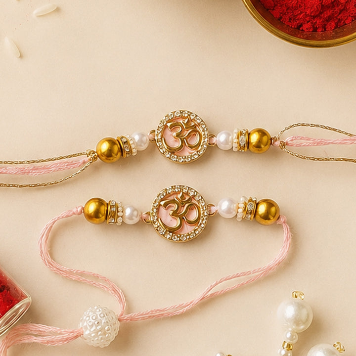 Handmade Pink Om Charm Rakhi With Lumba With Roli Chawal For Bhaiya Bhabhi | Set Of 2