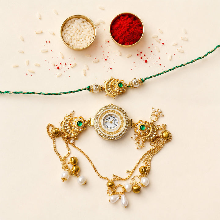 Reusable Handmade Watch Charm Kundan Pearl Rakhi Lumba Set With Roli Chawal For Bhaiya Bhabhi