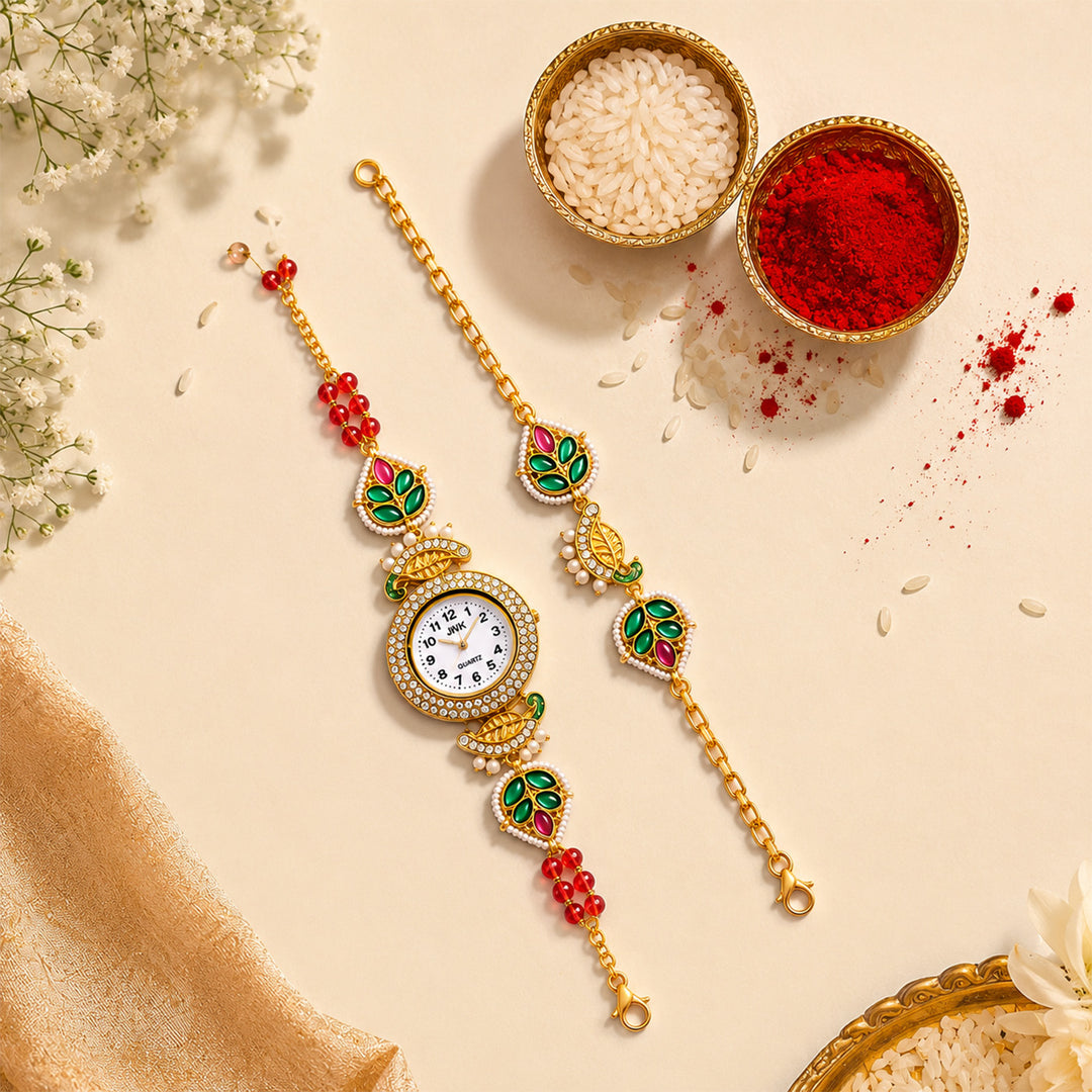 Handmade Kundan & Pearl Royal Heritage Rakhi & Bhabhi Watch Gift Box For Bhaiya Bhabhi | Set of 2