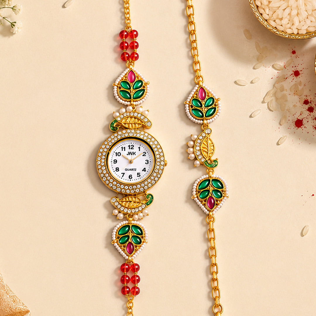 Handmade Kundan & Pearl Royal Heritage Rakhi & Bhabhi Watch Gift Box For Bhaiya Bhabhi | Set of 2